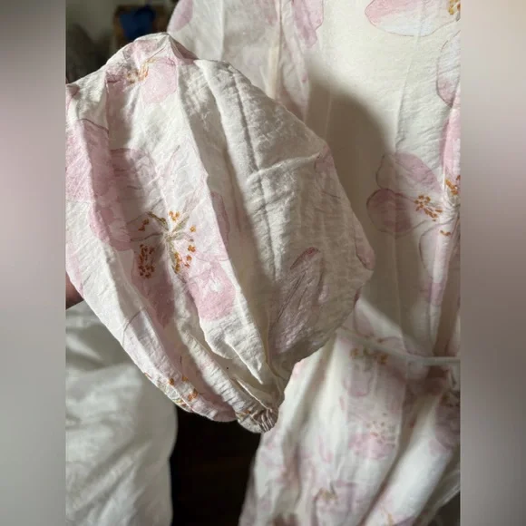 H&M Floral Midi Dress Pink Cream Long Sleeve Tie Waist Size M - Picture 6 of 7